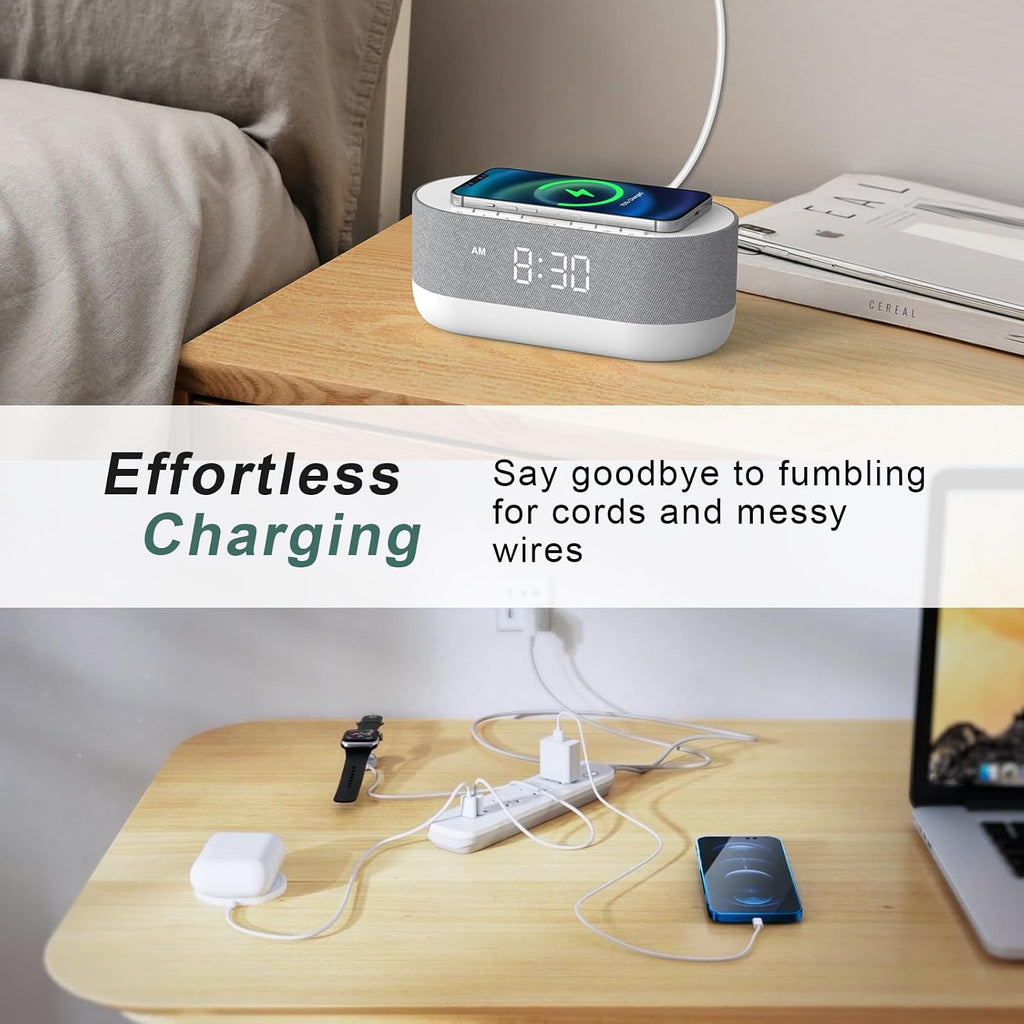 HOUSBAY 3 in 1 Sound Machine Alarm Clock& Wireless Charger: Soothing White Noise, Bluetooth Music Relaxation & Customized Sleep-Wake Routine