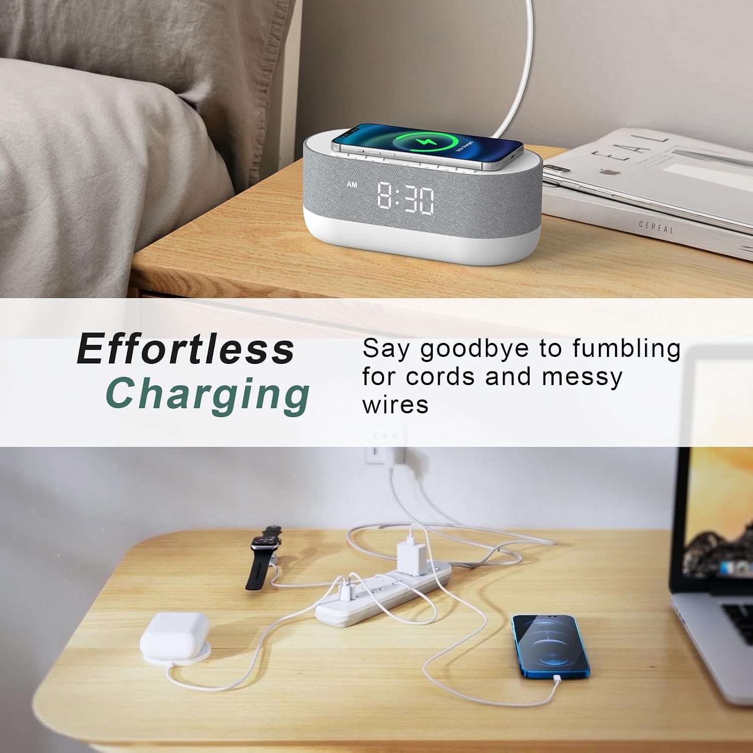 HOUSBAY 3 in 1 Sound Machine Alarm Clock& Wireless Charger: Soothing White Noise, Bluetooth Music Relaxation & Customized Sleep-Wake Routine