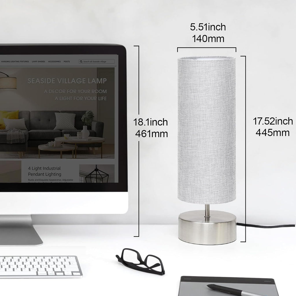 Bedside Touch Lamp, 3 way Touch Control Table Lamp with Silver Base, Modern Gray Nightstand Lamp with Cylinder Shade, Simple Dimmable…