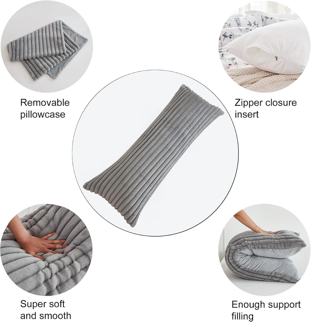 Memfydu Full Body Pillow with Fluffy Stripe Faux Fur Removable Cover, Long Bed Pillow Adult 20x54 Inches for Side Sleeper and Pregnancy, Gr…