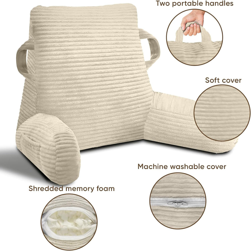 Reading Pillow for Sitting in Bed Adult, Bed Reading Pillow with Shredded Memory Foam, Back Pillow for Sitting with Arms and Pockets, Beige