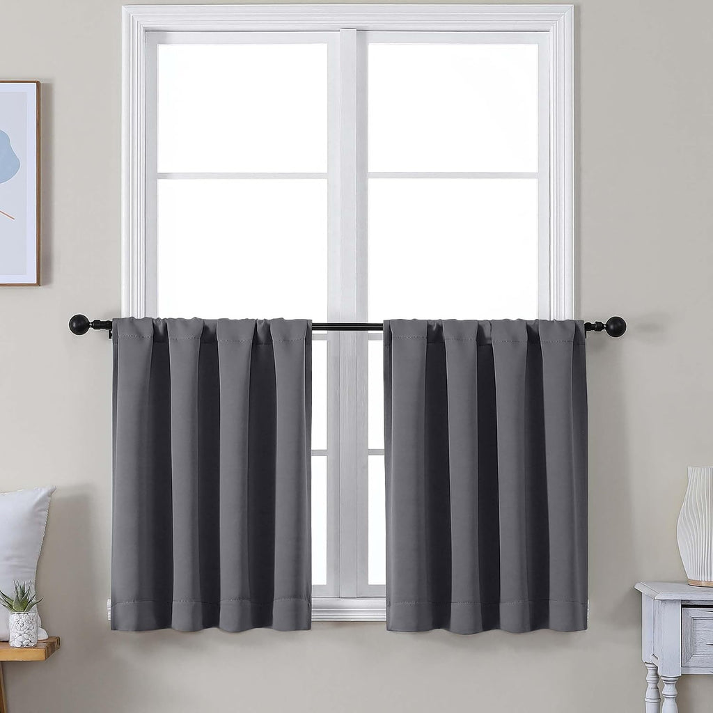 Simplebrand Ava Grey Short 30 Inches Blackout Curtain 2 Panels Set, Half Window Rod Pocket Privacy Curtain Tiers for Kitchen, Curtains Blac…