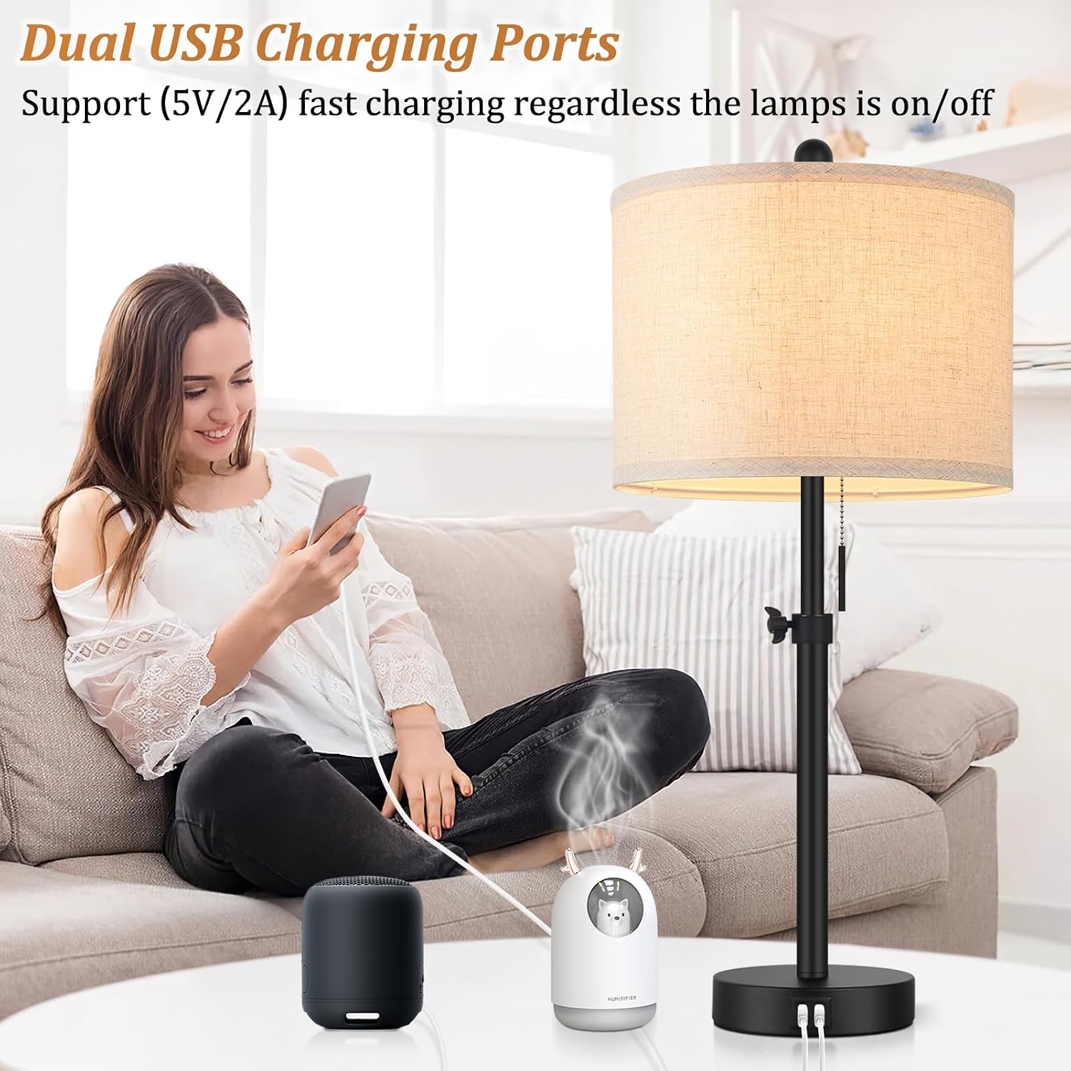 Adjustable Table Lamps for Bedroom Set of 2, 23''-30'' Height Adjusted Bedside Lamps with 2 USB Ports, Black Nightstand Lamps with Cream…