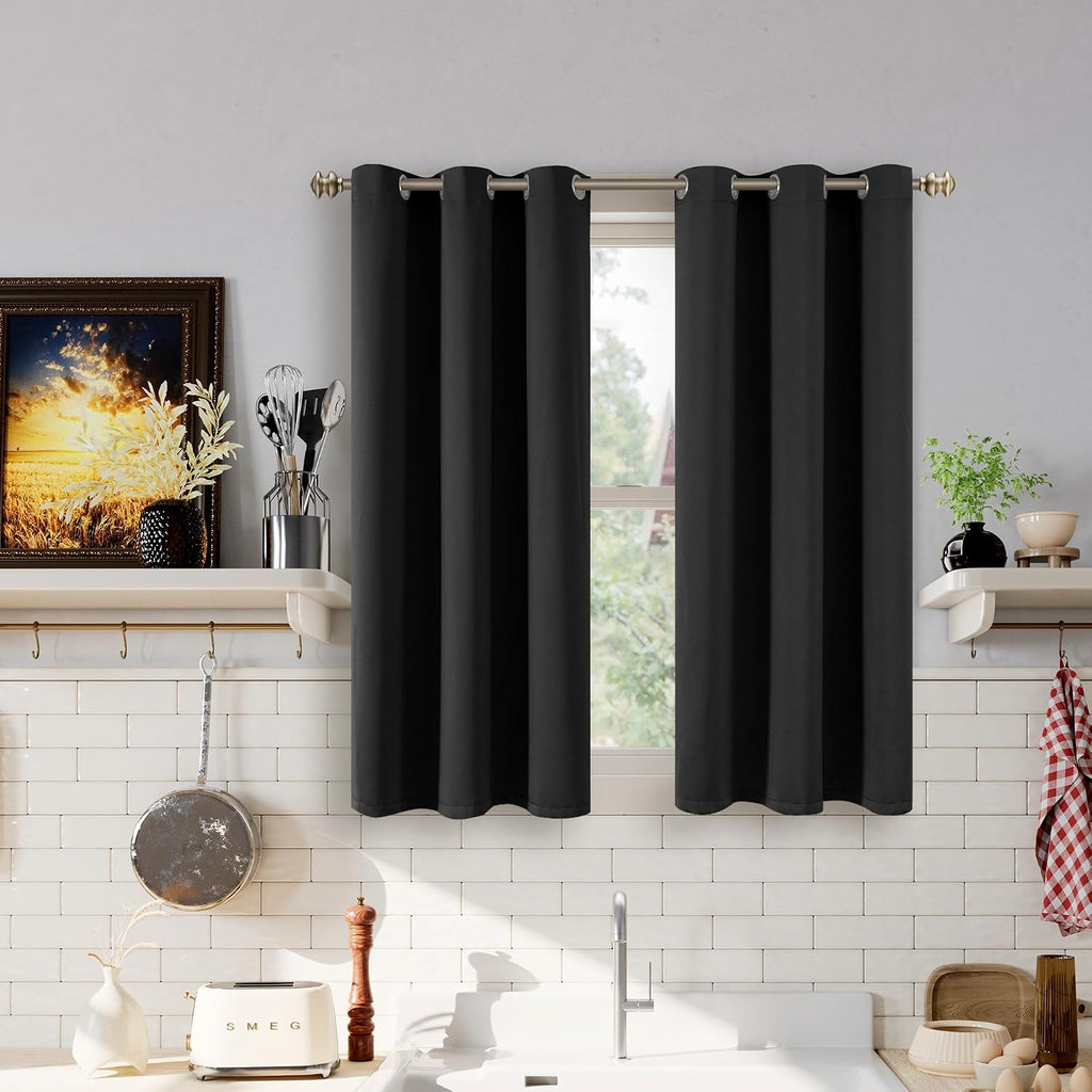 YoungsTex Small Blackout Curtains 45 Inches Long for Kitchen Short Window - Black Thermal Insulated Drapes with Grommet Darkening Privacy f…