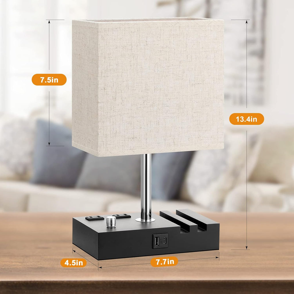 Bedside Lamps for Bedroom Set of 2, Kakanuo Fully Dimmable Small Beige Nightstand Lamps with USB C Ports and 2 Charging Outlets, Wooden…