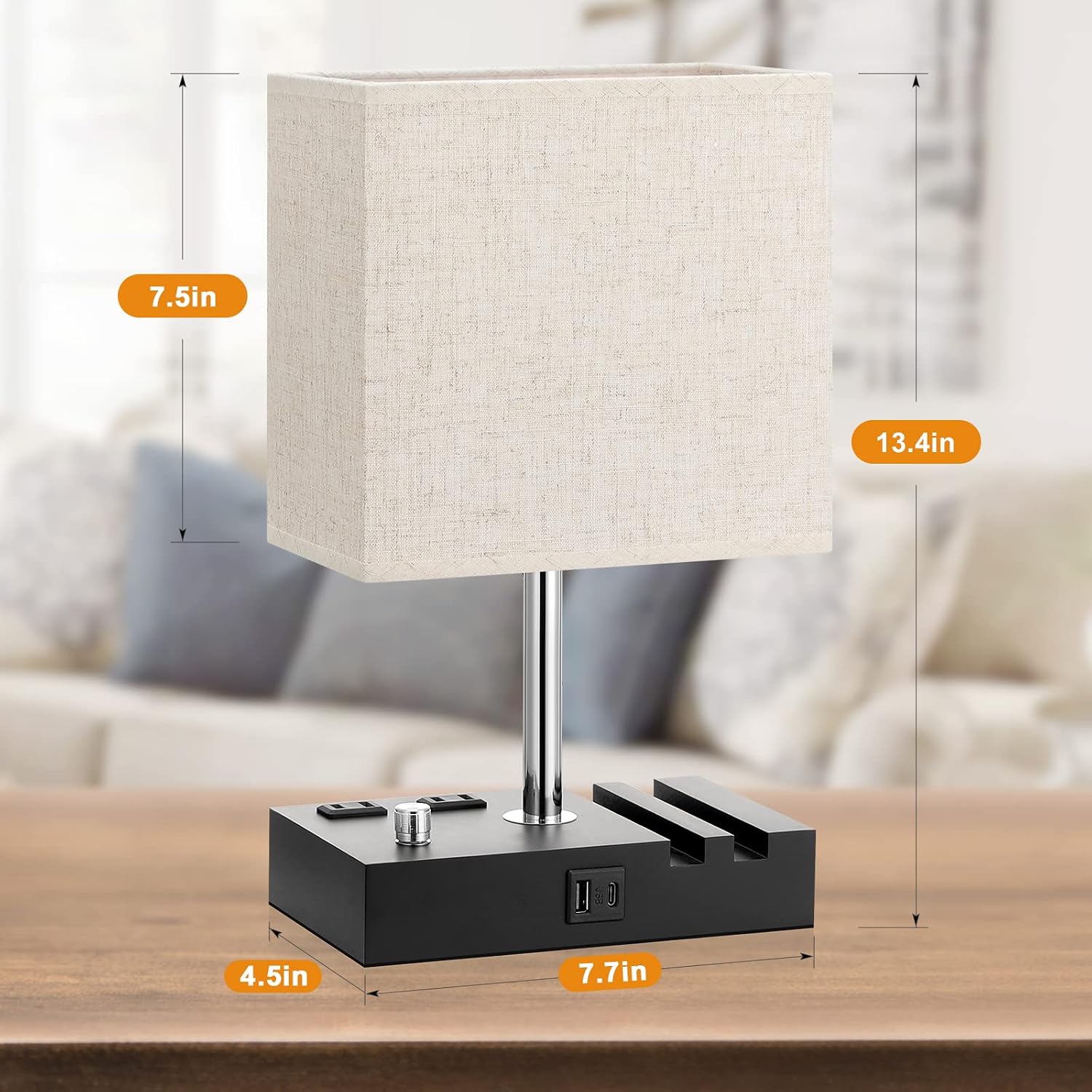 Bedside Lamps for Bedroom Set of 2, Kakanuo Fully Dimmable Small Beige Nightstand Lamps with USB C Ports and 2 Charging Outlets, Wooden…