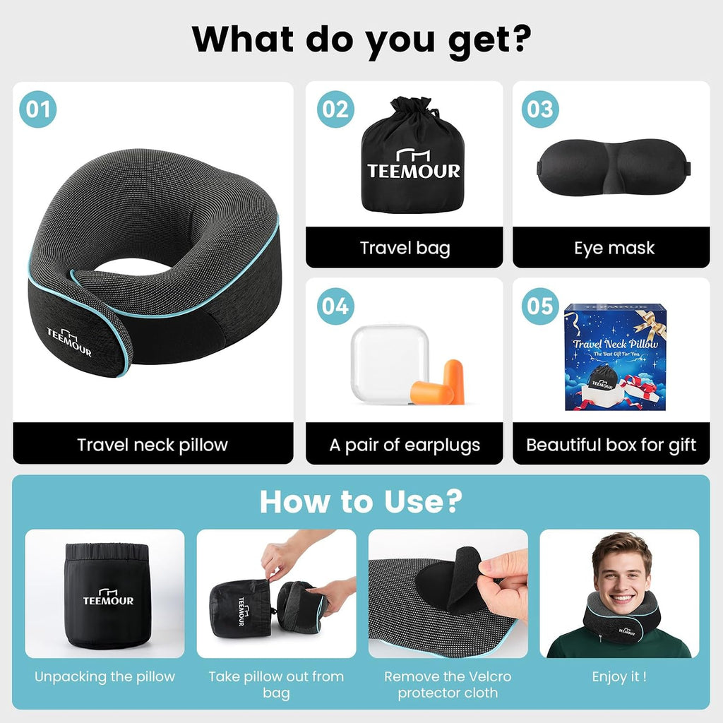 Travel Neck Pillow for Airplane -Memory Foam Travel Pillow for Long Flights/Car Sleep 360° Support Airplane Pillow, With Eye Mask &…