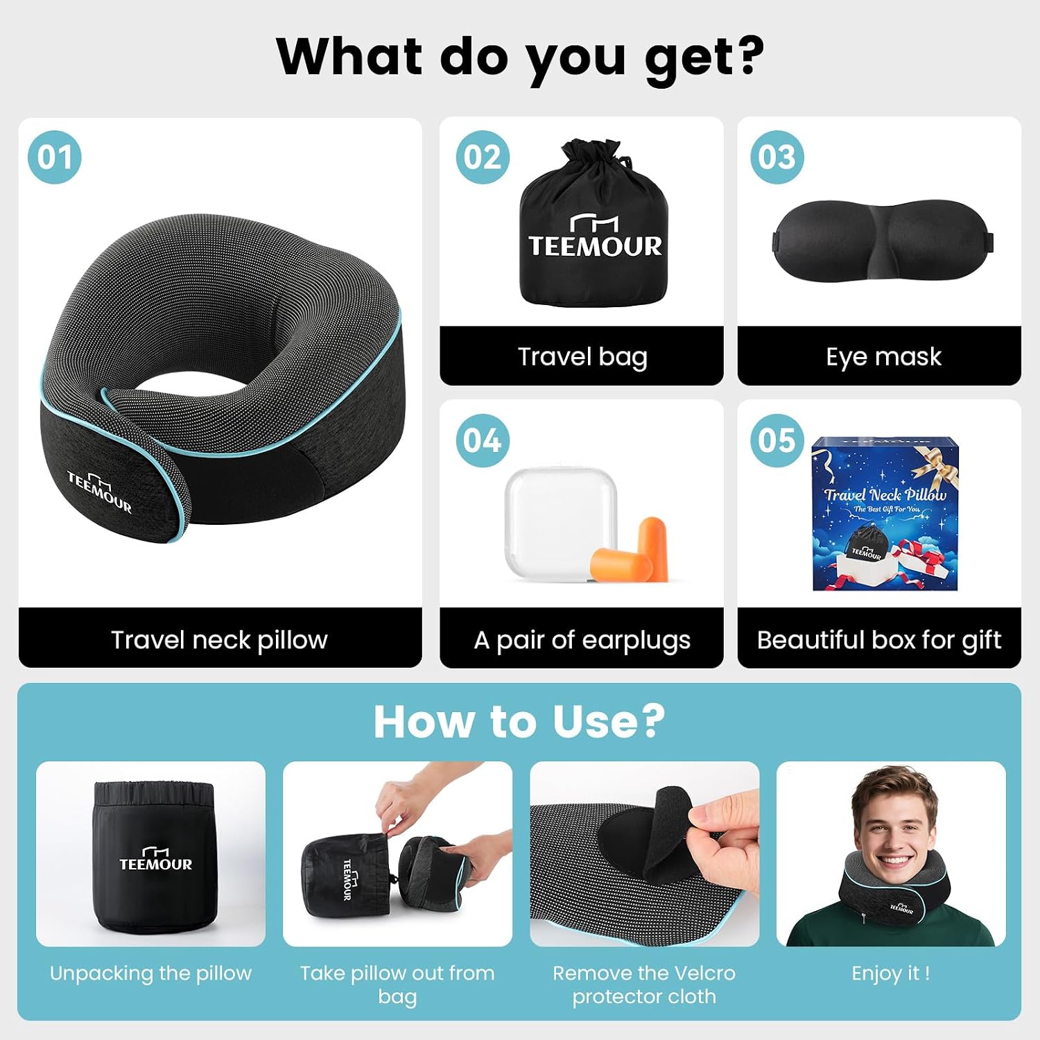 Travel Neck Pillow for Airplane -Memory Foam Travel Pillow for Long Flights/Car Sleep 360° Support Airplane Pillow, With Eye Mask &…