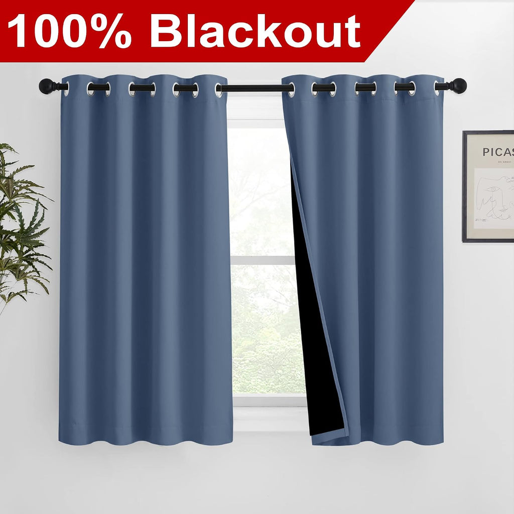 Nicetown Stone Blue 100% Blackout Curtains 54 inches Long, Thermal Insulated Full Blackout 2-Layer Lined Drapes, Energy Efficiency Window D…