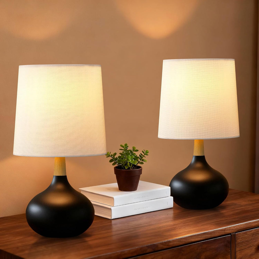 Hightry 14" Ceramic Table Lamp Set of 2 with Natural Wood Stem & Linen Shade for Bedroom Decor, Modern Farmhouse Small Bedside Lamp for Nigh…