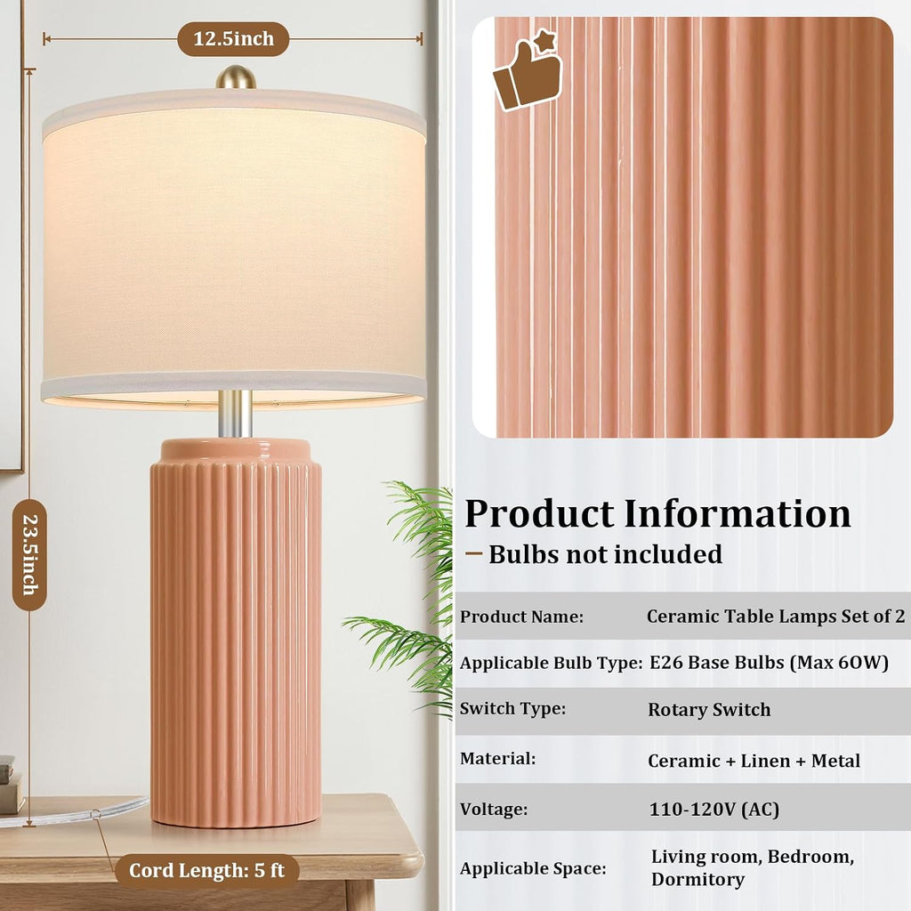 Tobusa 23.5’’ Orange Table Lamps for Bedroom Set of 2, Modern Ceramic Nightstand Lamps for Living Room, Retro Lamps with White Shade Set fo…