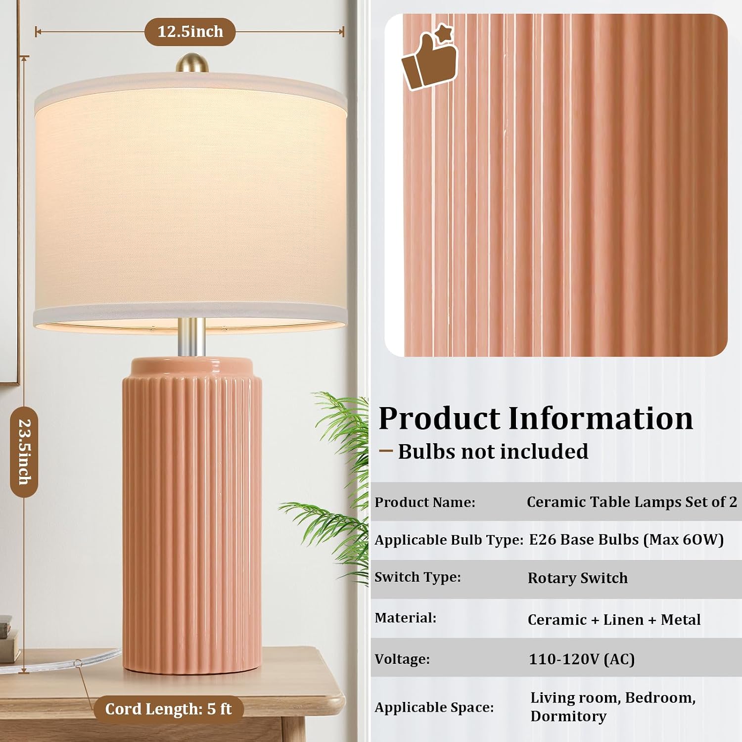 Tobusa 23.5’’ Orange Table Lamps for Bedroom Set of 2, Modern Ceramic Nightstand Lamps for Living Room, Retro Lamps with White Shade Set fo…