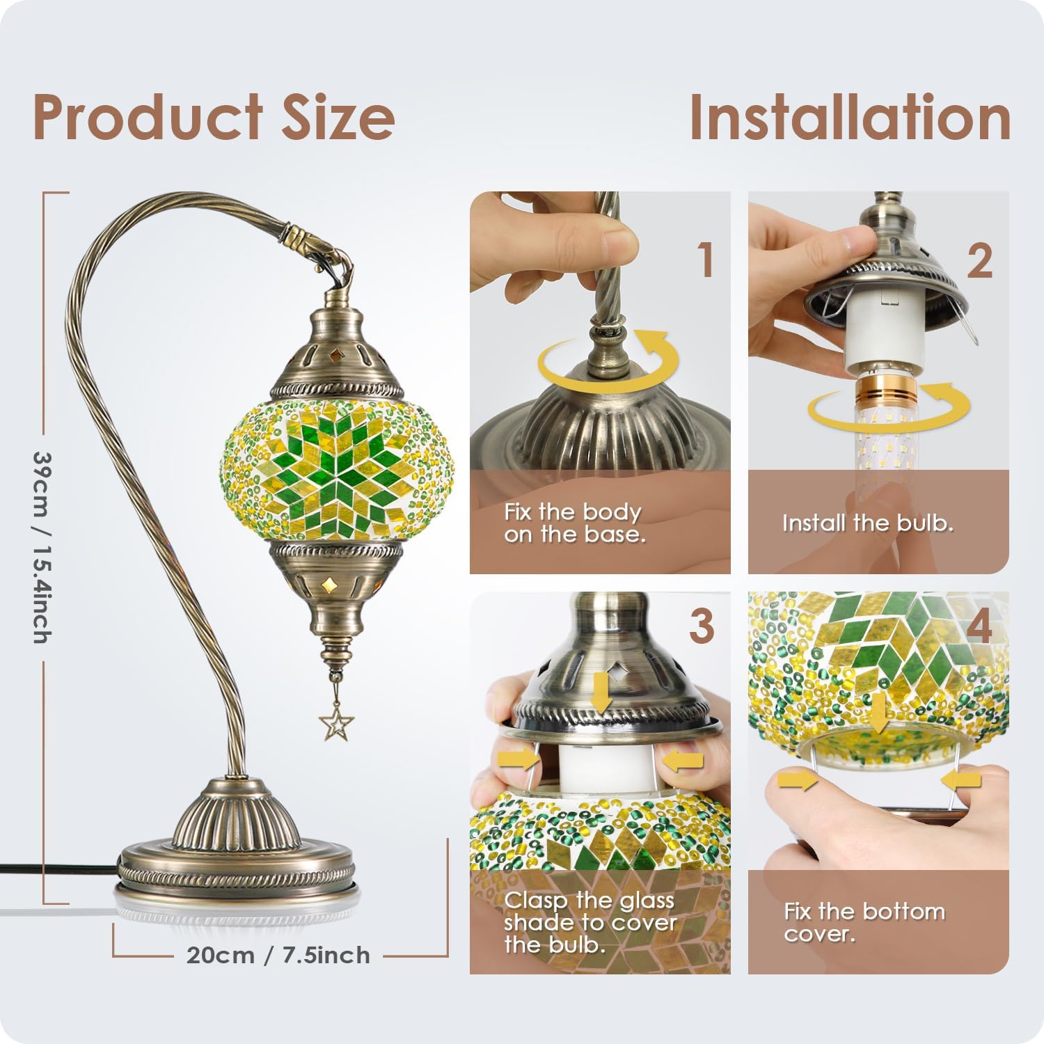 Yarra-Decor Turkish Moroccan Lamp with Bronze Base 3 Color Options Handmade Swan Neck Tiffany Mosaic Glass Bedside Lamps for Bedroom (LED…