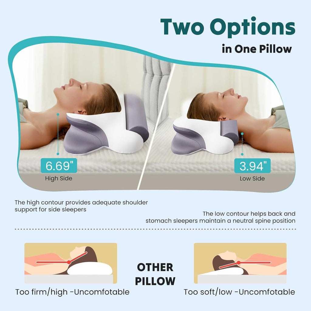 DUMOS Cervical Neck Pillow for Sleeping, Cooling Ergonomic Memory Foam Pillow with Arm Rest Slot and Ice Silk Pillowcase, Dual Height…