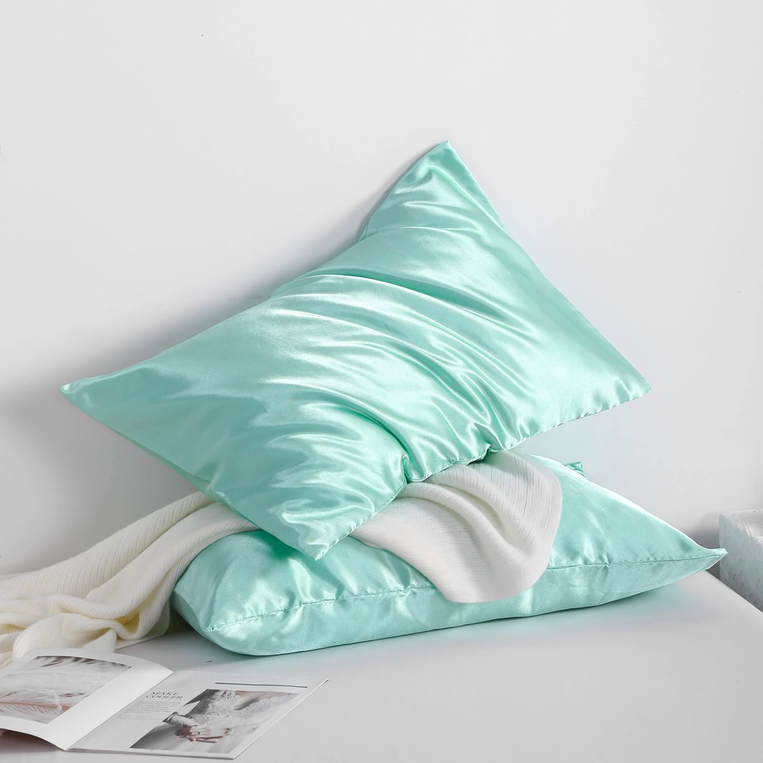 Ntbay 12 Pack Satin Standard Pillowcases for Hair and Skin, Luxurious and Silky Pillow Cases with Envelope Closure, 20 x 26 Inches, Light B…