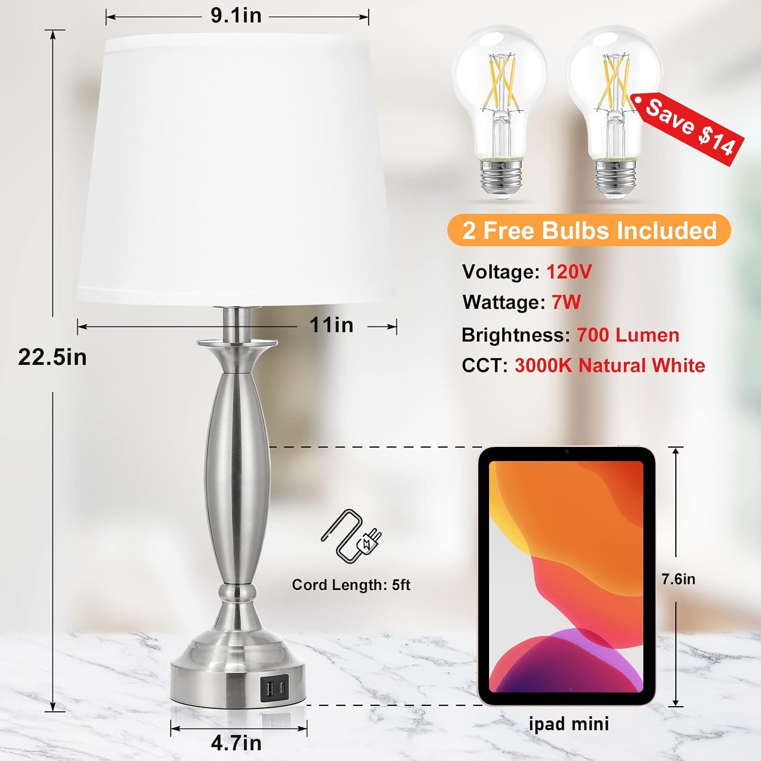 Seealle White Lamps for Bedrooms Set of 2 - Touch Control Bedside Lamp with USB C+A, 3 Way Dimmable Nightstand Lamps with USB Port, Table…