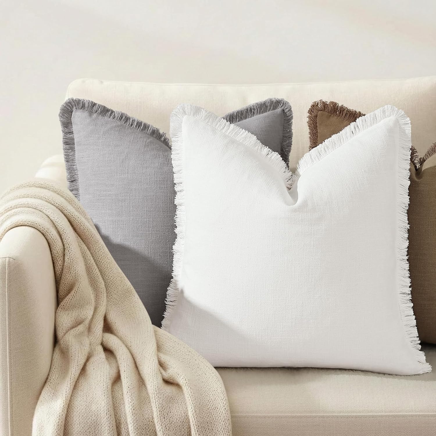 decorUhome Summer Decorative Neutral Linen Fringe Euro Sham Throw Pillow Covers Set of 2 Cream White Pillow Covers with Tassels Soft Farmho…