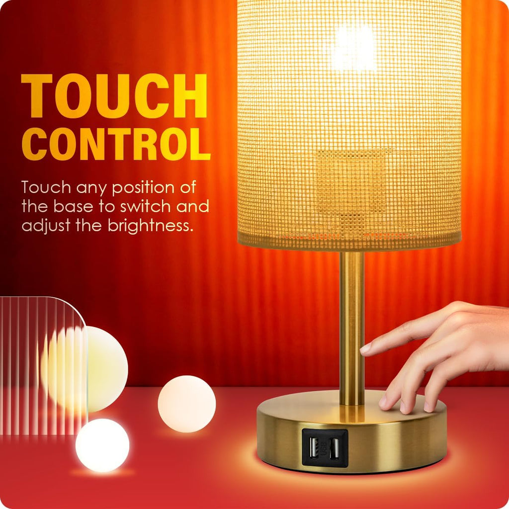 Yarra-Decor Bedside Lamp with USB Port - Touch Control Table Lamp for Bedroom Wood 3 Way Dimmable Nightstand Lamp with Round Flaxen…