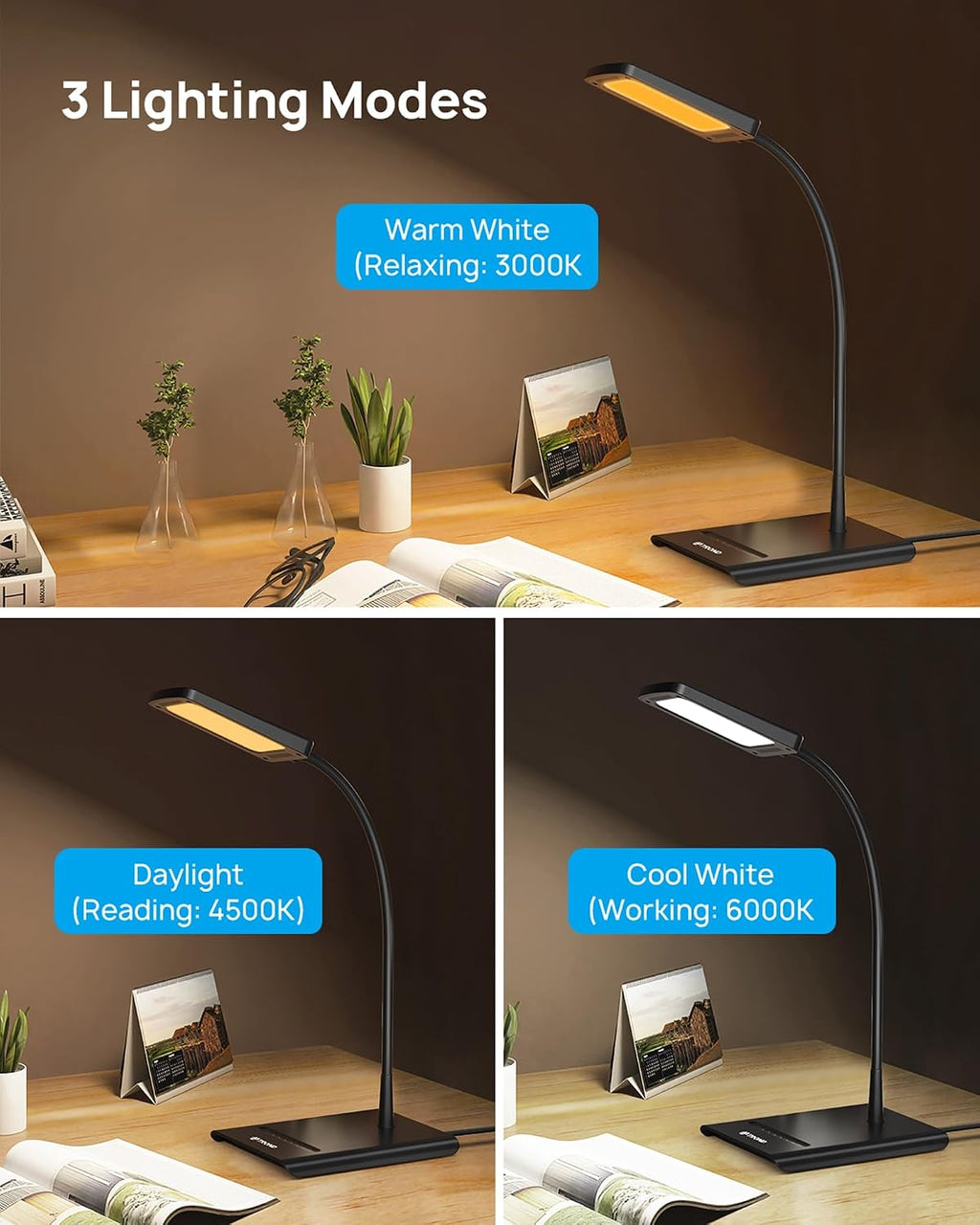 TRONDOfficial TROND Desk Lamp, Bright Dimmable Eye-Caring Table Lamp, 3 Color Modes 7 Brightness Levels, Flexible Gooseneck, Touch Control,…