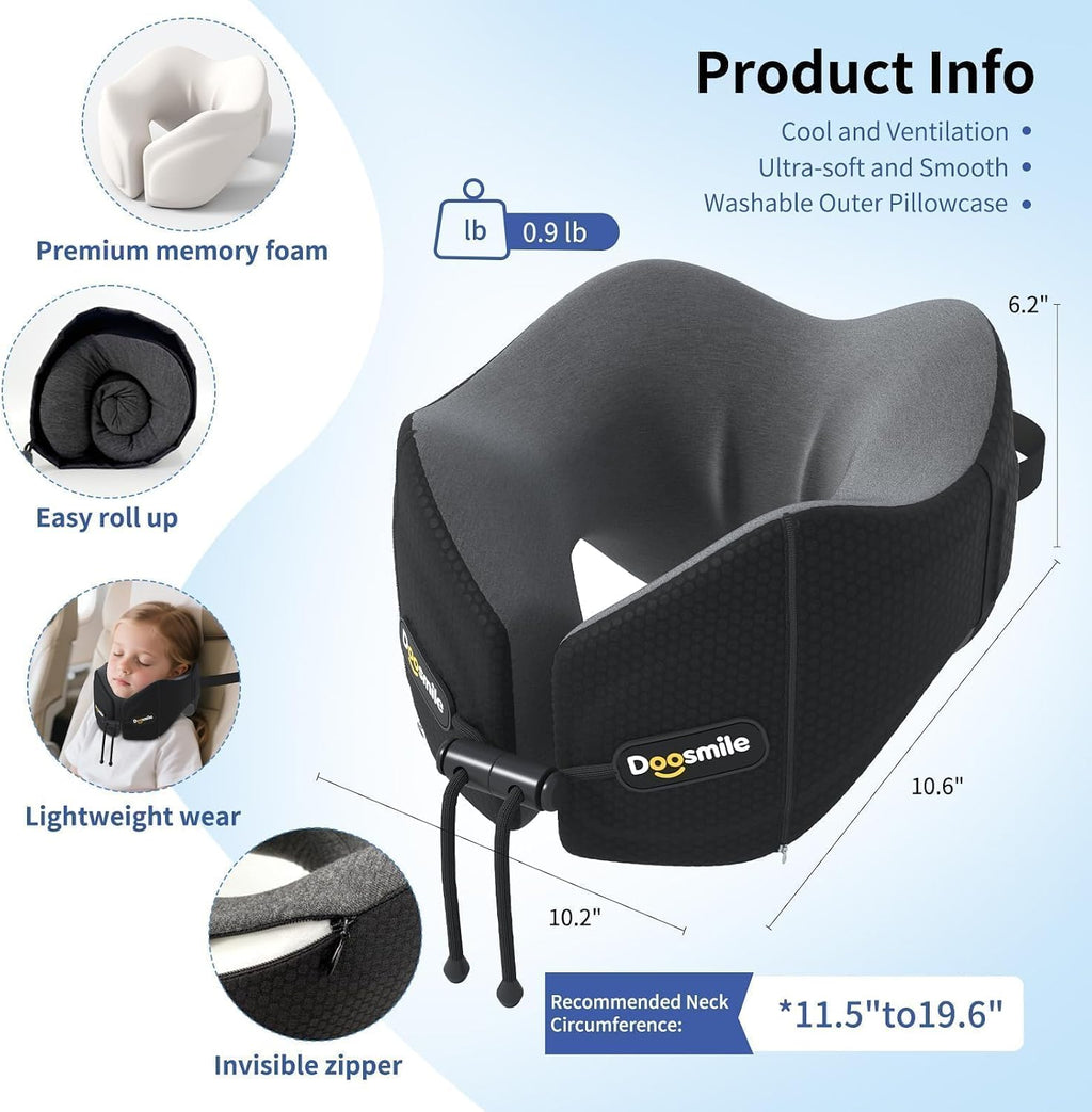 Doosmile Patented Head-Bobble-preventing Ergonomic 360° Supporting Golden Formula Memory Foam Travel Neck Pillow w/3D Contoured Eye…