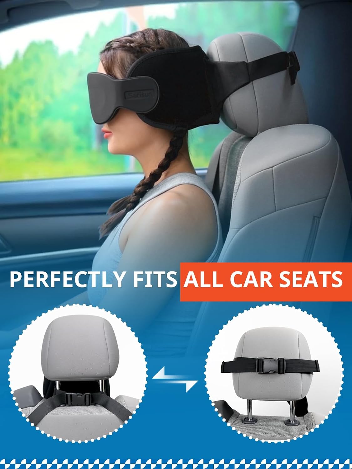 SARISUN Travel Pillow, Car Travel Pillow with 3D Eye Mask for Sleep, 360° Head Support Strap for All Car Seat, Road Trip Essentials, Stop…