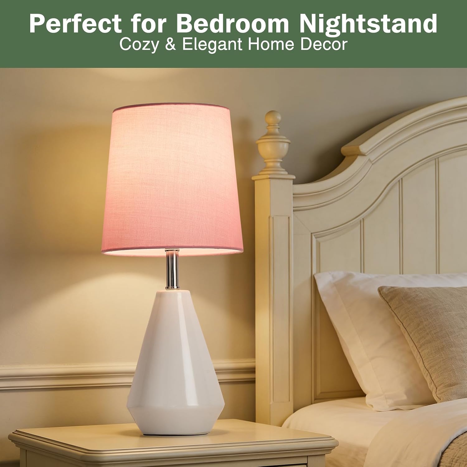 Small Bedside Table Lamp for Bedroom-Reading Desk Lamp Set of 2, with 3 Color Temperatures,15.5" Nightstand Ceramic Lamp with Fabric Shade…