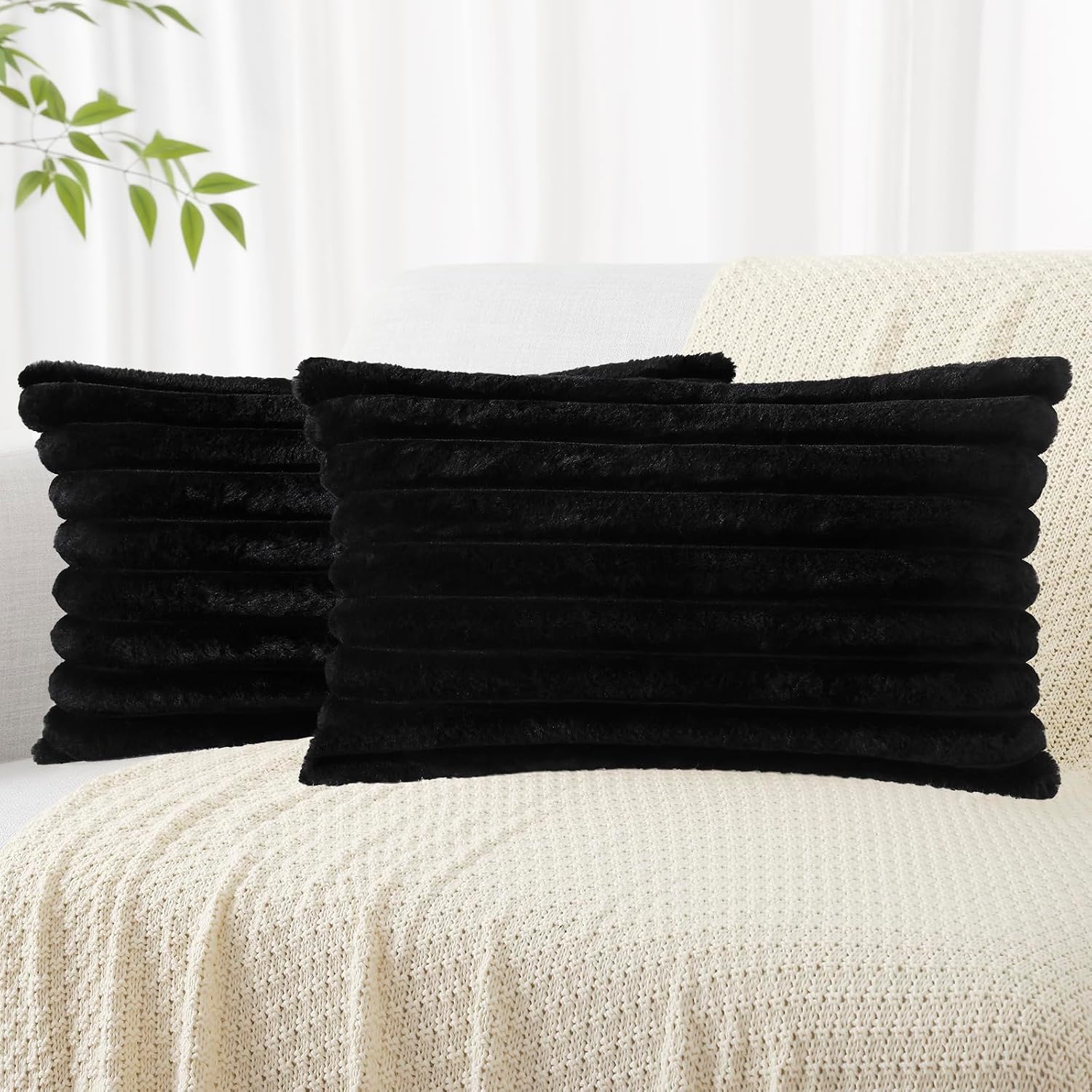 decorUhome Cozy Faux Fur Throw Pillow Covers 12x20 Set of 2 Decorative Soft Plush Striped Lumbar Modern Farmhouse Boho Couch Pillow Cases w…