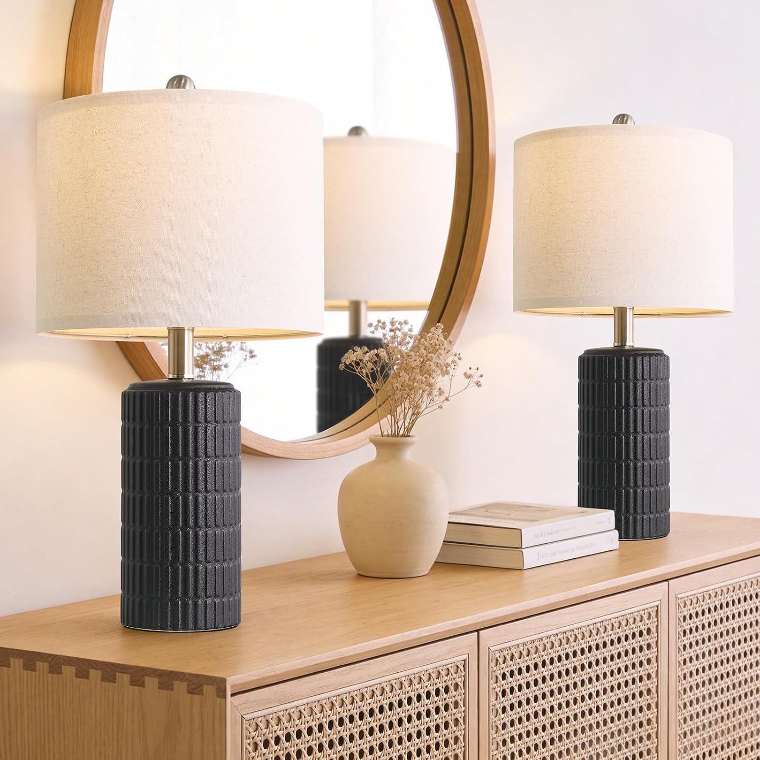 PoKat Small Table Lamps Set of 2 for Bedroom, 20.75'' Matte-Textured Farmhouse Ceramic Bedside Lamps for Night Stands, Stone-Like Modern…