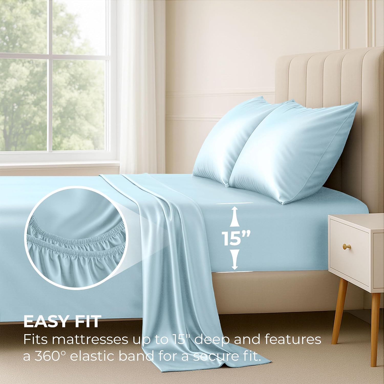 PureBedding Satin Sheets Queen [4-Piece, Skyblue] Hotel Luxury Silky Bed Sheets - Extra Soft 1800 Microfiber Sheet Set, Wrinkle, Fade, Stai…