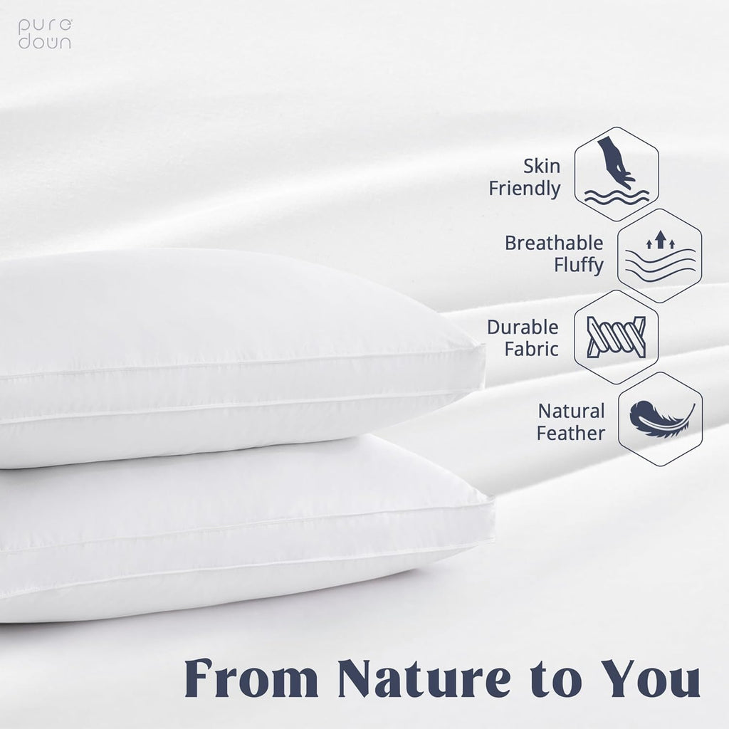 Puredown Goose Down Feather Pillows with 100% Cotton Cover, Soft Gusseted Bed Hotel Collection Pillows for Sleeping, Set of 2, Queen Size C…
