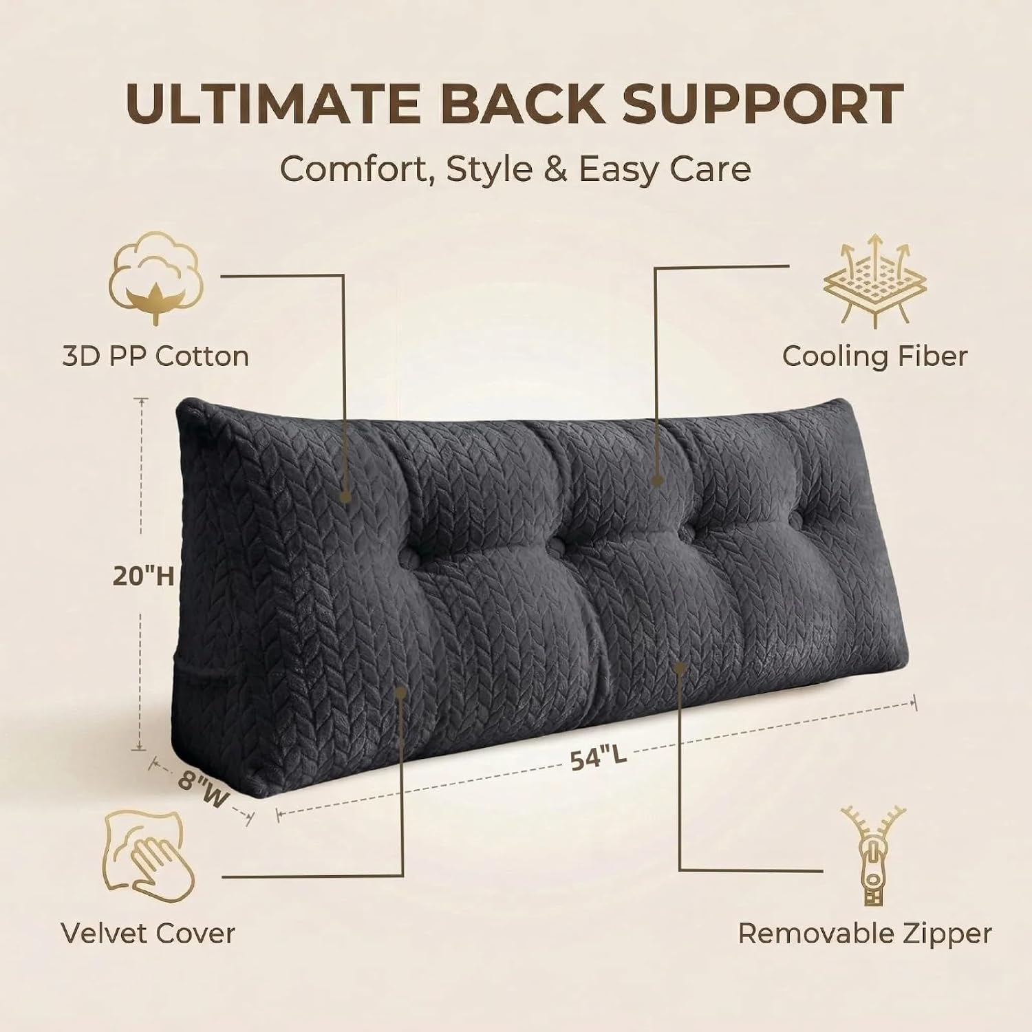 Headboard Pillow Full Size, Reading Pillow for Bed, Leaf Pattern Wedge Pillow, Tufted Backrest Support, Headboard Substitute, Darkgray