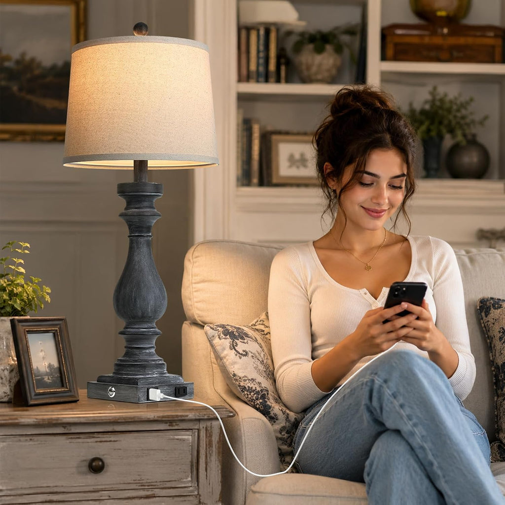 Cinkeda 29" Tall Farmhouse Table Lamp for Living Room Set of 2, Vintage Retro Nightstand Lamps with USB C+A Ports & AC Outlet,3-Way…