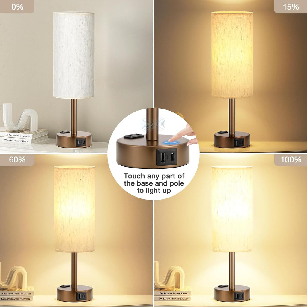 Fenmzee Brown Bedside Table Lamp for Bedroom - 3 Way Dimmable Touch Lamp USB C Charging Ports and AC Outlet, Small Lamp Round Flaxen…