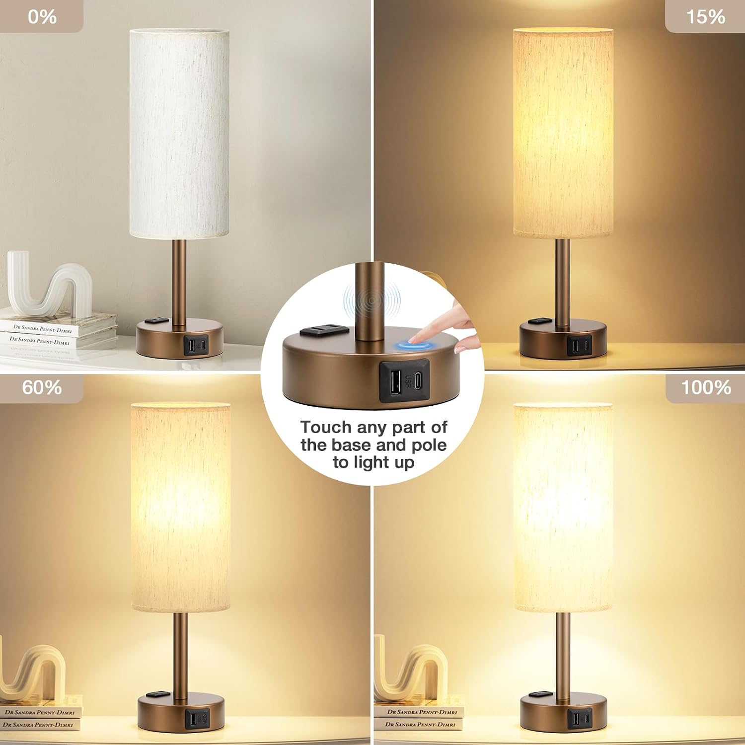 Fenmzee Brown Bedside Table Lamp for Bedroom - 3 Way Dimmable Touch Lamp USB C Charging Ports and AC Outlet, Small Lamp Round Flaxen…