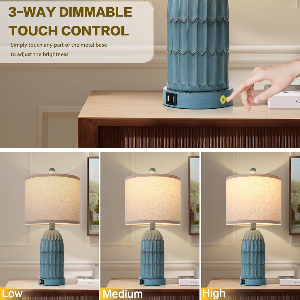 Cinkeda Coastal Table Bedside Lamps Set of 2, Farmhouse 3-Way Dimmable Touch Nightstand Lamp with 2 USB Charging Ports, Vintage Bedside…