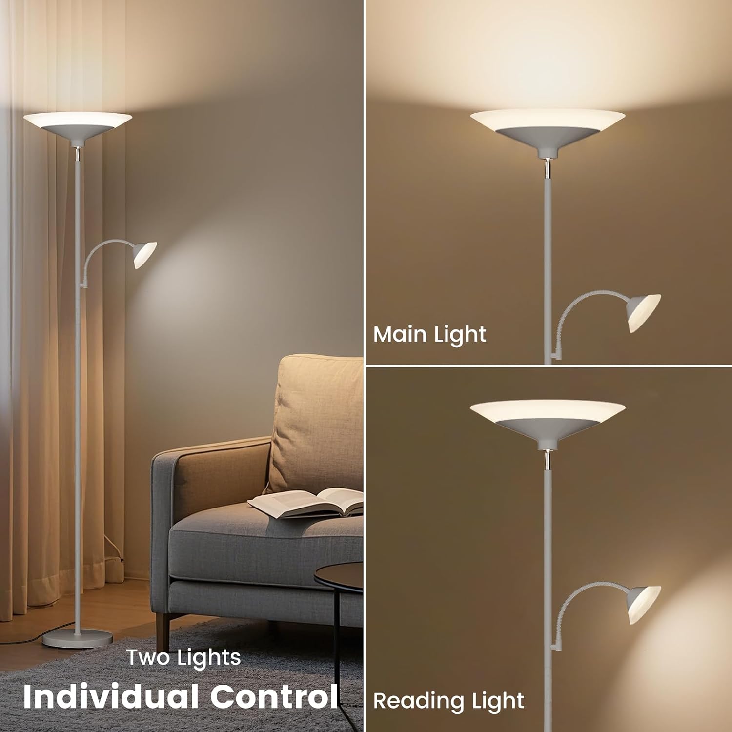SIBRILLE Sliver Gray Torchiere Floor Lamp with Reading Light, 4 Color Temperatures, Dimmable & Individual Light Control Standing Lamp…