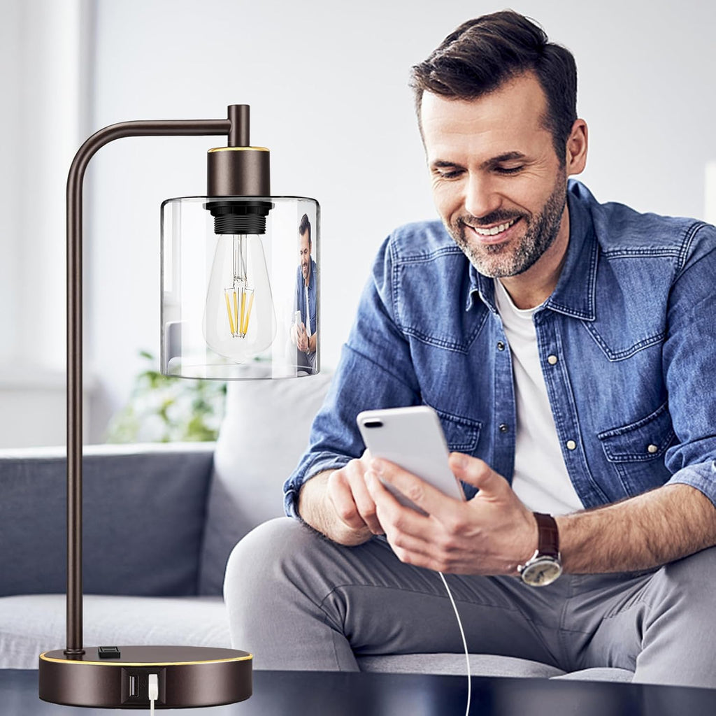 Industrial Touch Table Lamps Set of 2 - Bedside Lamps with 2 USB Ports & AC Outlet, 3-Way Dimmable Nightstand Desk Lamp for Bedroom…
