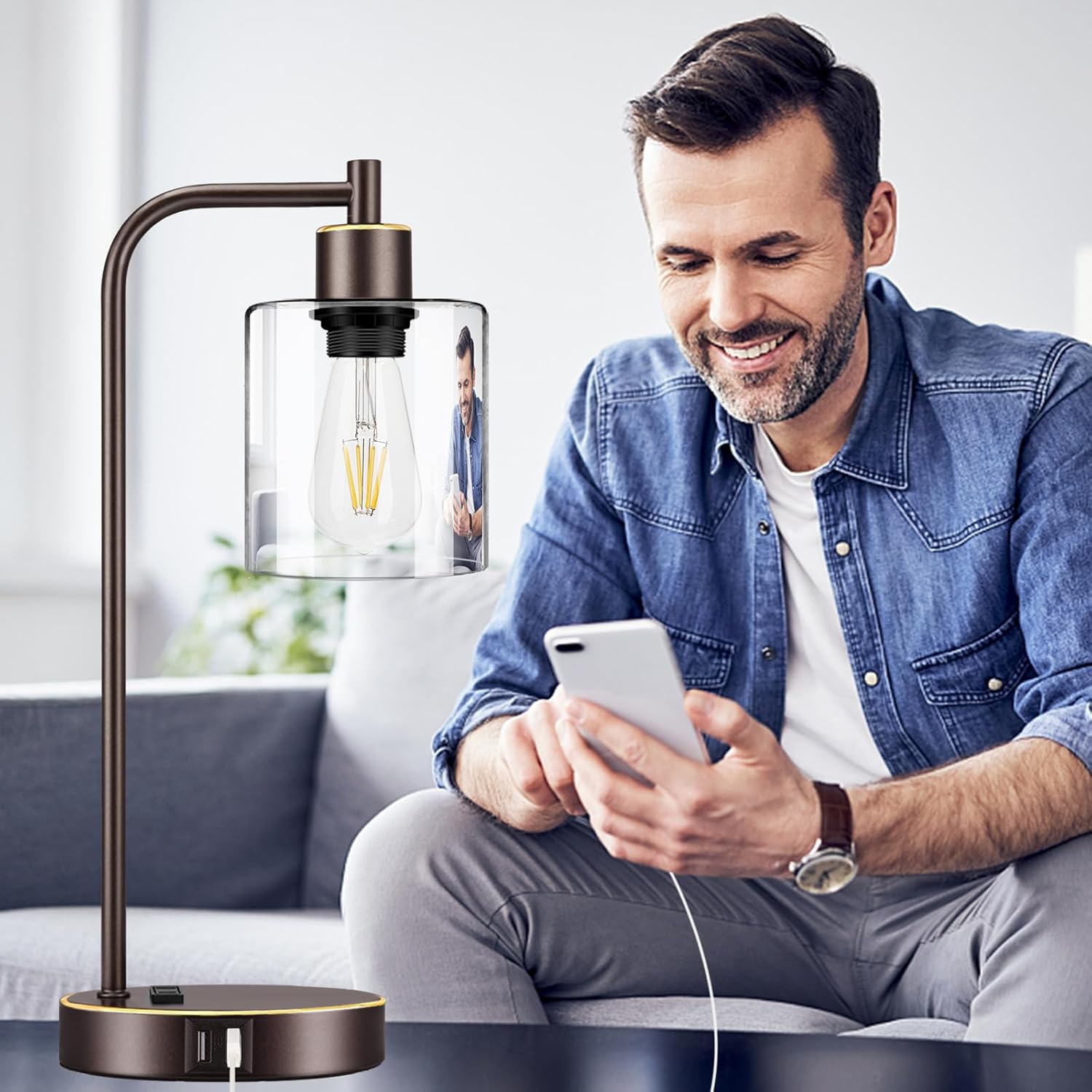 Industrial Touch Table Lamps Set of 2 - Bedside Lamps with 2 USB Ports & AC Outlet, 3-Way Dimmable Nightstand Desk Lamp for Bedroom…