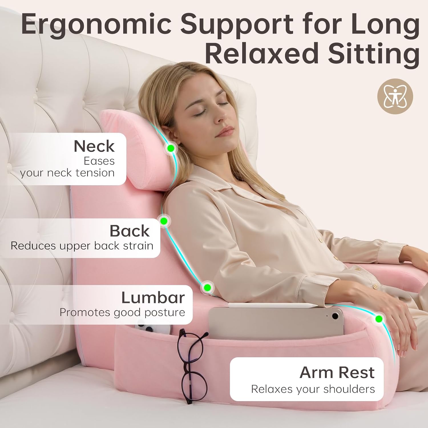 ENITYA 19" Back Support Pillow, Reading Pillow with Built-in Arms & Large Pockets, Removable Washable Cover, Wedge for…