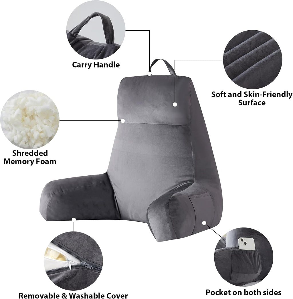 Ipynbap Reading Pillow with Arms for Adult, Back Pillow for Bed Sitting Up, Shredded Memory Foam Backrest Pillow with Pockets & Removable W…