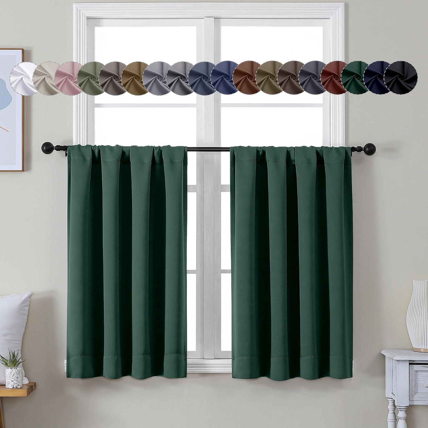 Simplebrand Ava Ever Green Short 36 Inches Blackout Curtain 2 Panels Set, Half Window Rod Pocket Privacy Curtain Tiers for Kitchen, Curtain…