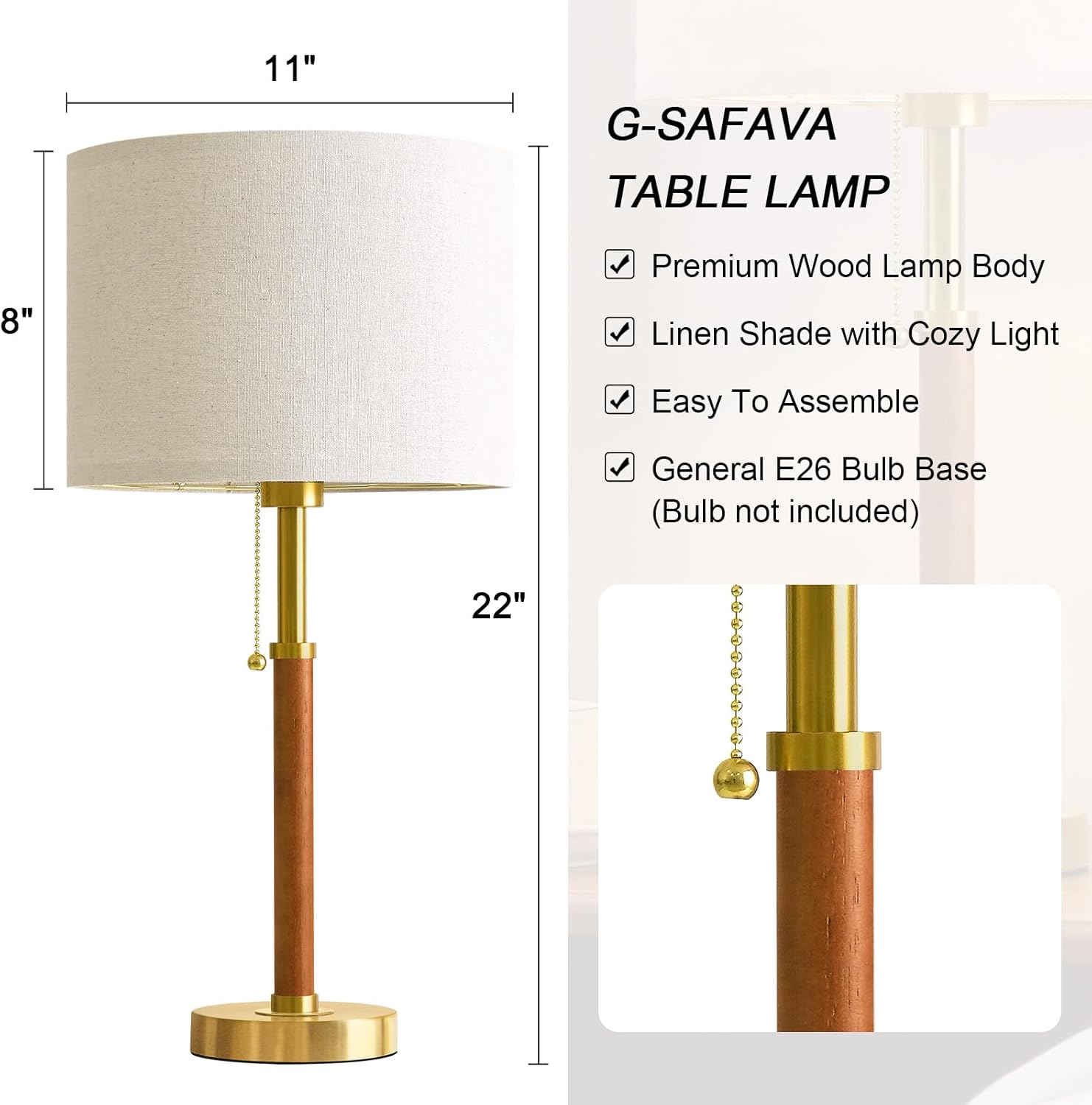 G-SAFAVA 22" Wood Table Lamps Mid Century Modern Lamp for Bedroom Living Room Bedside Lamps for Night Stands Nightstand Lamp with Pull…