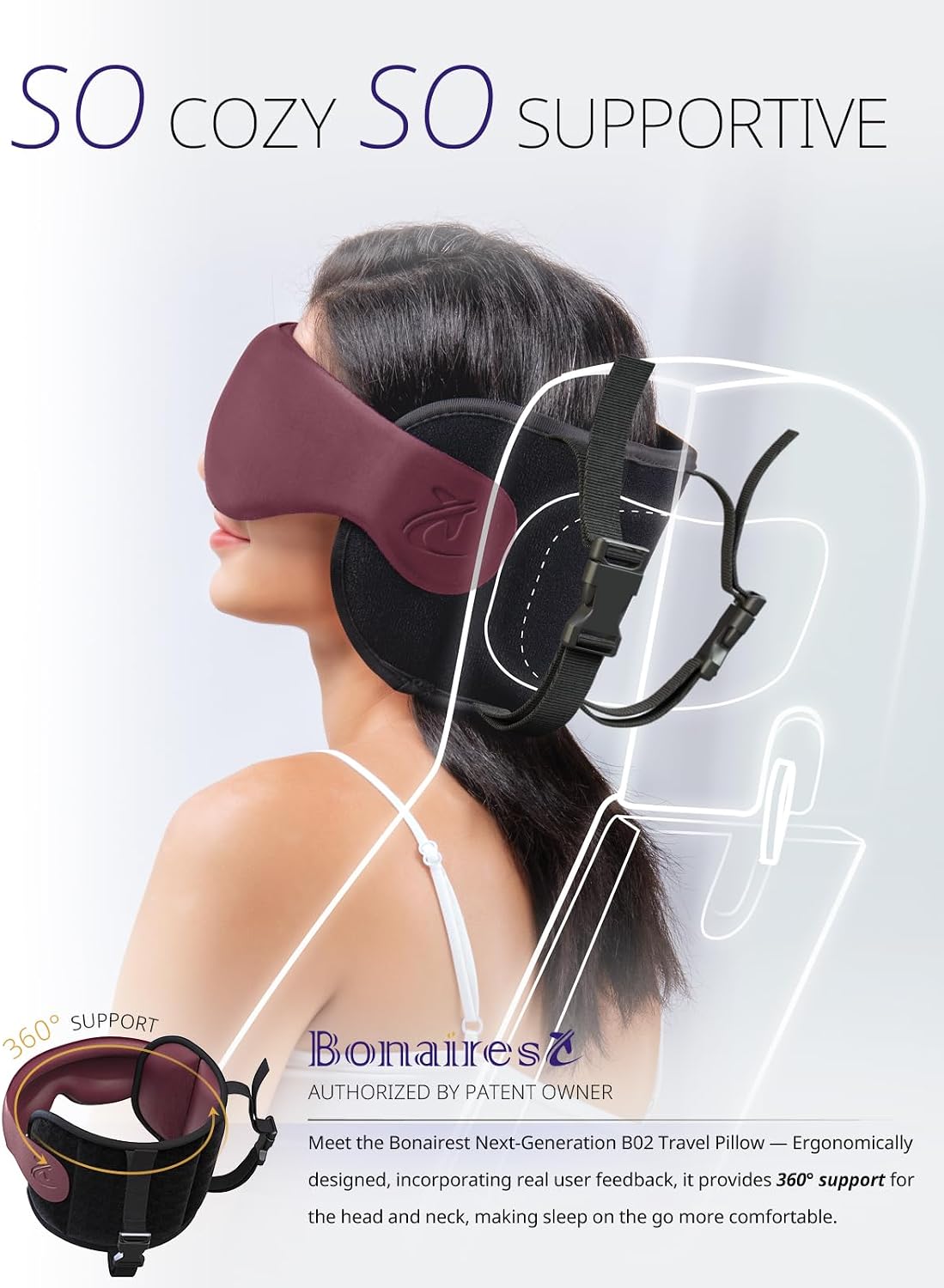 Bonairest Travel Pillow, Airplane Neck Pillow with 3D Eye Mask for Sleeping, Round Edge Plane Head Strap 360°Headrest Support for Long Flig…