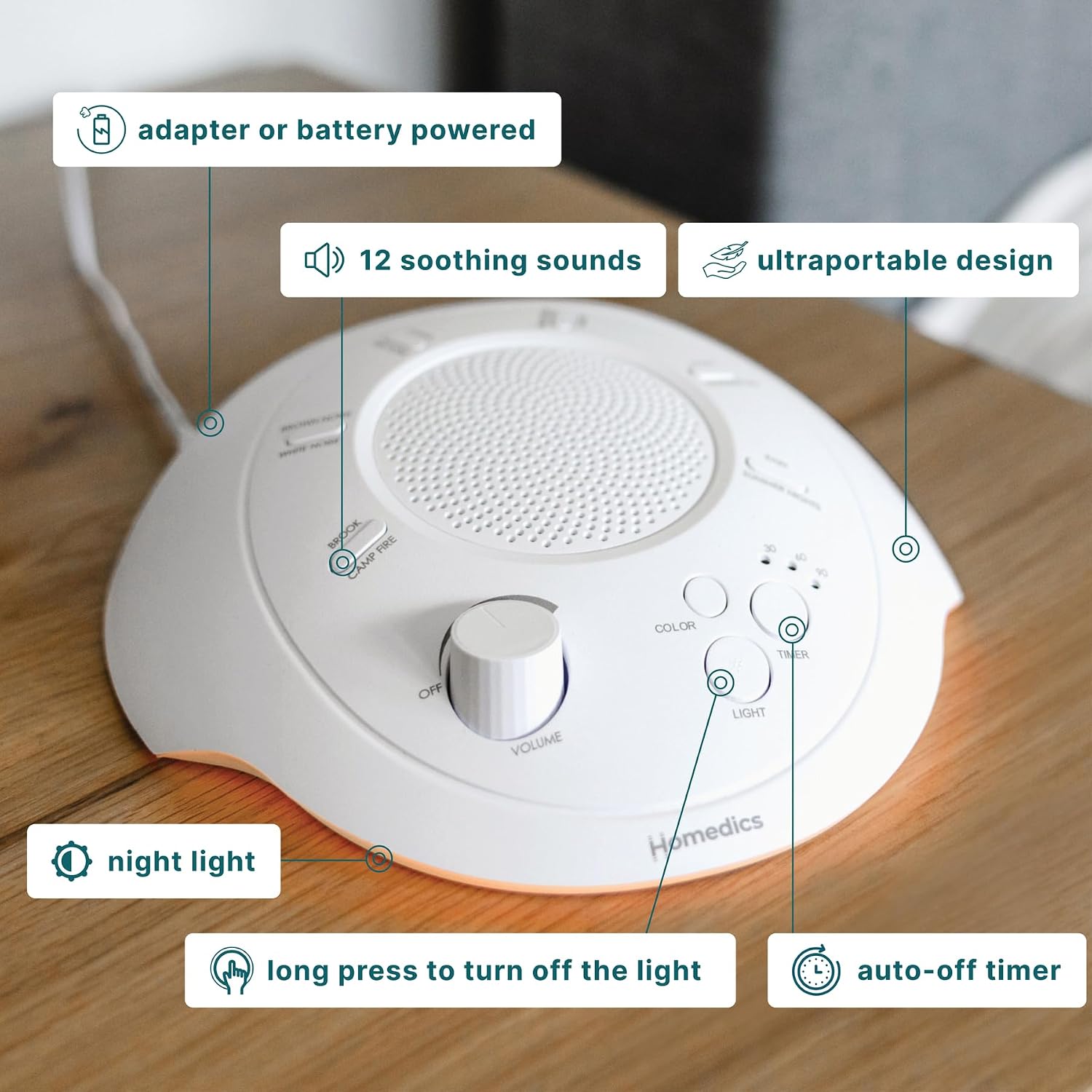 Homedics Sleep Better Portable Sound Machine, Night Light,12 Soothing Sounds Including White Noise, Rain, and Thunderstorm…