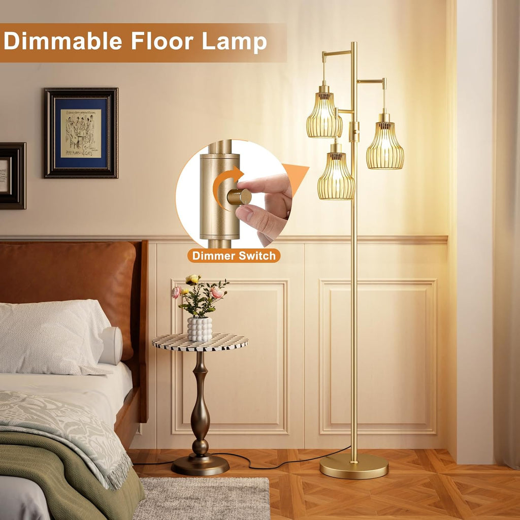 Ziisee Dimmable Gold Floor Lamps for Living Room, 70" Farmhouse Tree Standing Tall Lamps with 3 Elegant Cage Shade & 800 Lumens LED Bulbs…