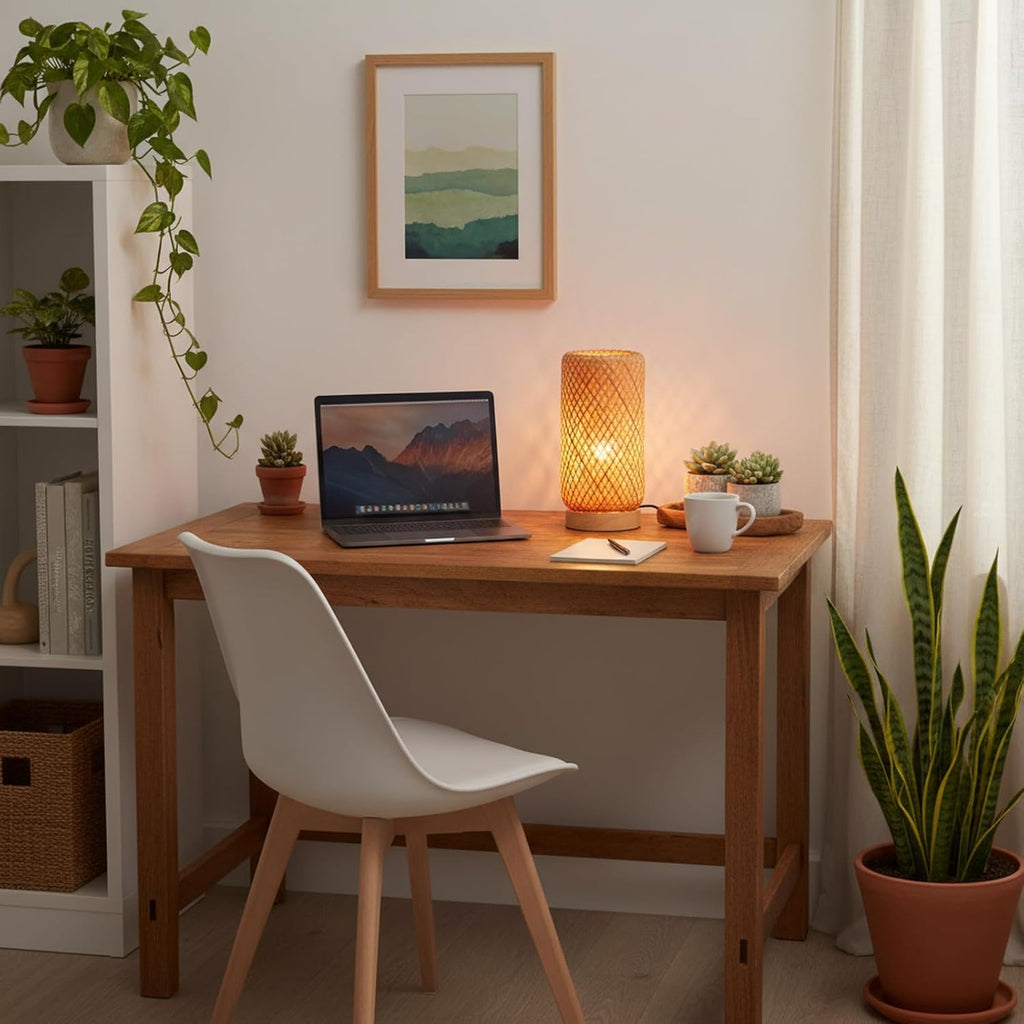 Arturesthome Bamboo Desk Light Woven Boho Beside Lamp Vintage Wicker Wooden Nightstand Lamp for Living Room, Kids Room, Nursery Room Decor