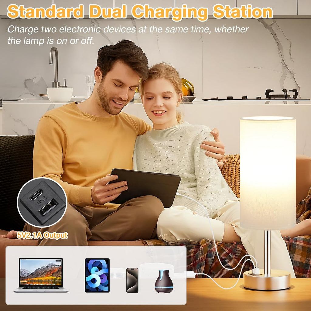 Dicoool White Touch Bedside Lamp with USB - 3 Way Dimmable Table Lamp for Bedroom, Nightstand Lamp with Nickel Charging Station and…