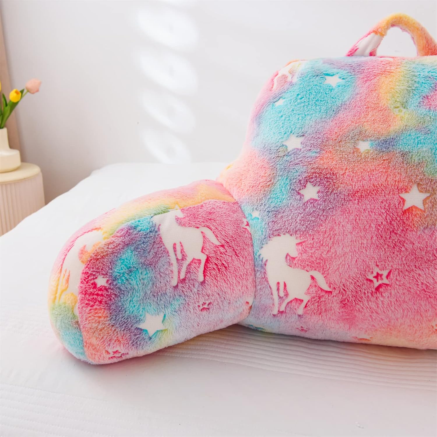 Aimuan Reading Pillow Glow in The Dark Bed Rest Wedge Kids Glow Backrest Pillow Unicorn Print with Arms Back Support for Sitting Up in…