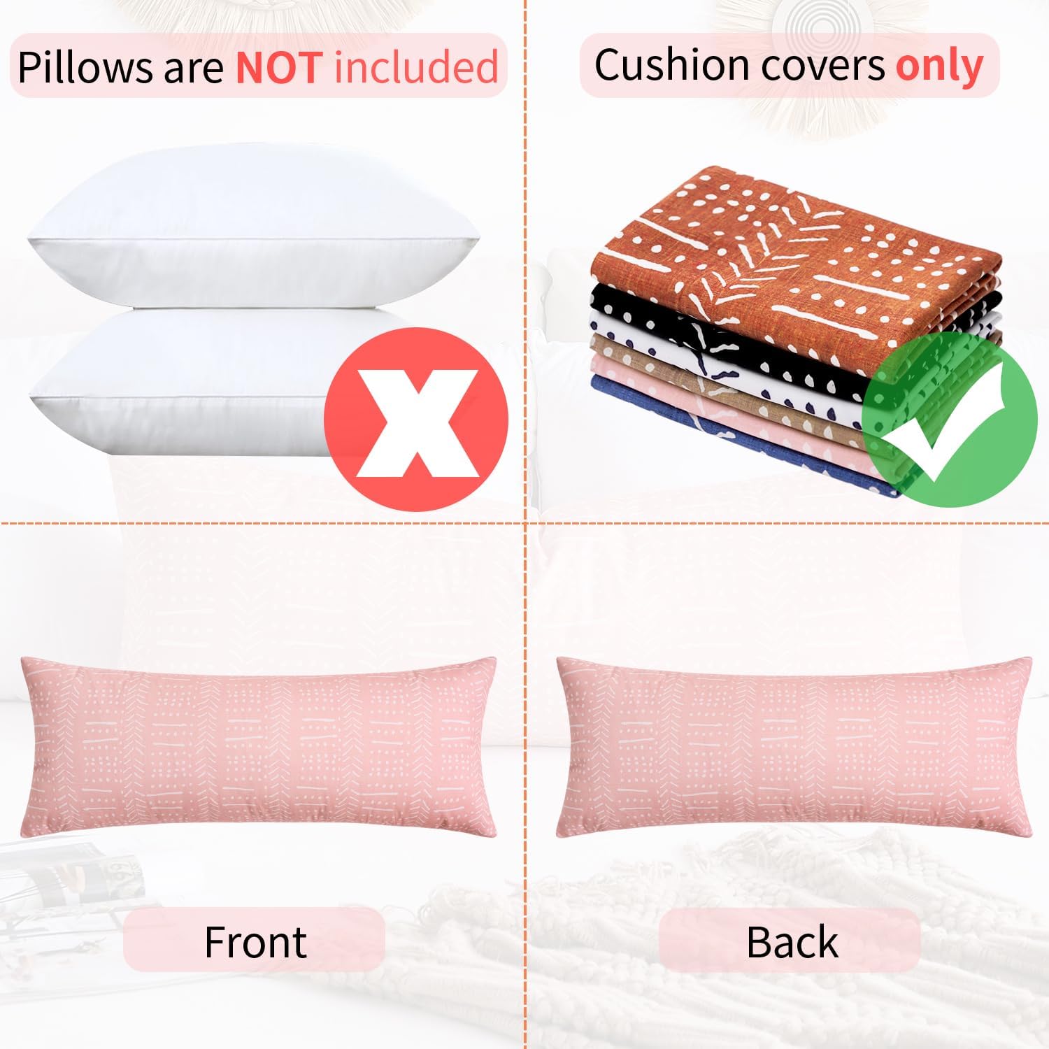 BONSTRAP Pink Boho Body Pillows Covers Decorative Long Lumbar Accent Throw Pillow Covers Large Queen 20x54 1 Piece for Bed Sleeping…