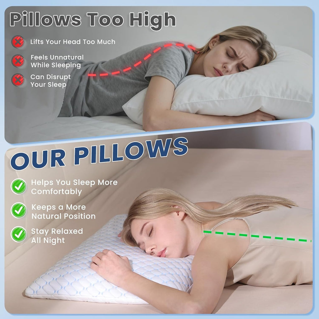 2.85" Ultra Thin Memory Foam Pillow with Cool-to-Touch Cover, Low Profile Flat Bed Pillow for Back & Stomach Sleepers, Standard Size